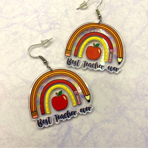“Best Teacher Ever” Acrylic Large Dangle Earrings - Picture 1 of 4